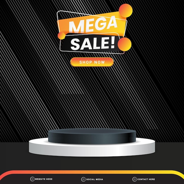 Publicación de plantilla de redes sociales de banner de mega venta con podio 3d de espacio en blanco para producto con diseño de fondo negro degradado abstracto
