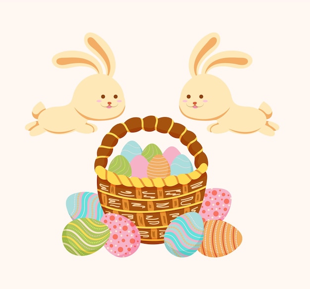 publicación de plantilla de tarjeta de felicitación de pascua con conejos y cesta cesta con huevos
