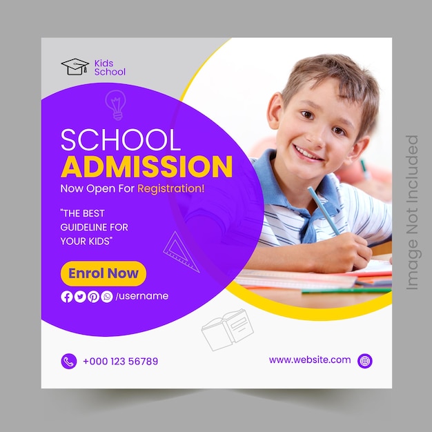 Publicación en redes sociales de admisión a la escuela o plantilla de diseño de banner promocional