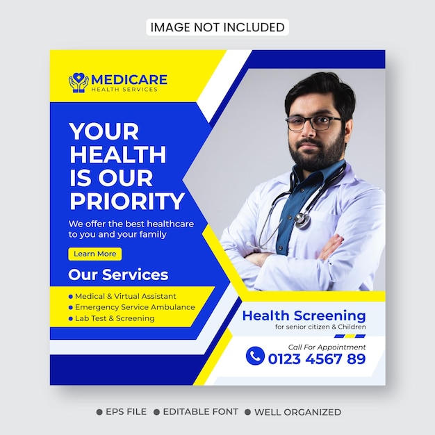 Publicación en redes sociales de atención médica y diseño de banner de instagram