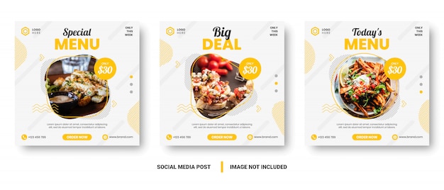 Publicación de redes sociales de banner de menú de comida amarilla y blanca.