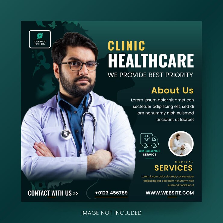 Publicación de redes sociales de clínica médica y plantilla de diseño cuadrado de publicación de atención médica