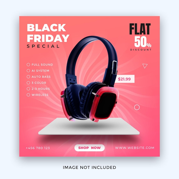 Publicación en redes sociales con conceptos de Black Friday y bandeja de podio 3d para la venta de gadgets o productos