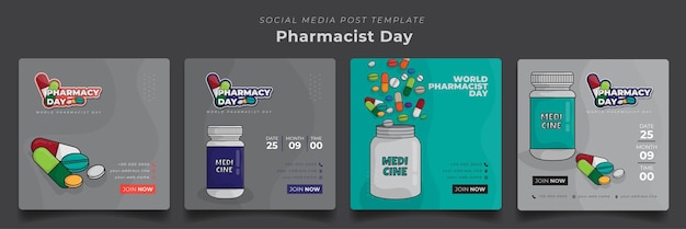 Vector publicación en redes sociales con diseño de medicamentos en fondo gris y verde para el diseño de campañas farmacéuticas