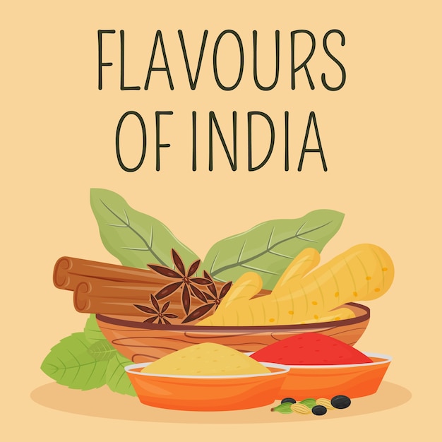 Publicación en redes sociales de especias indias. Sabores de la frase de la India. Plantilla de diseño de banner web. Potenciador de condimentos tradicionales, diseño de contenido con inscripción. Cartel, anuncios impresos e ilustración plana.