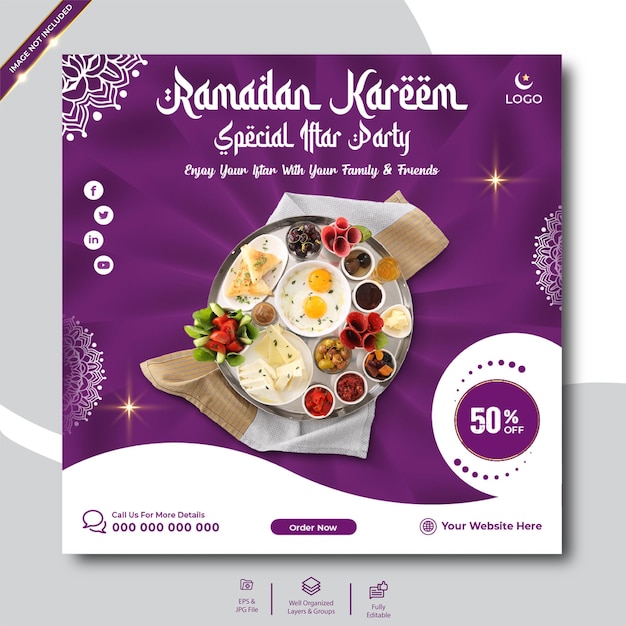 Publicación en redes sociales del menú de comida especial de Ramadán o plantilla de volante cuadrado