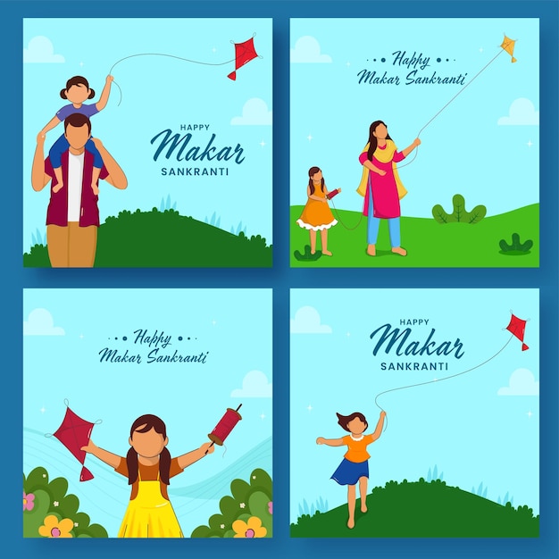 Publicación en redes sociales o conjunto de plantillas con indios sin rostro volando cometas con motivo de happy makar sankranti