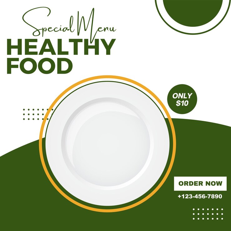 Publicación en redes sociales para promoción de alimentos, cartel de oferta, banner de redes sociales de alimentos saludables, publicación de Instagram