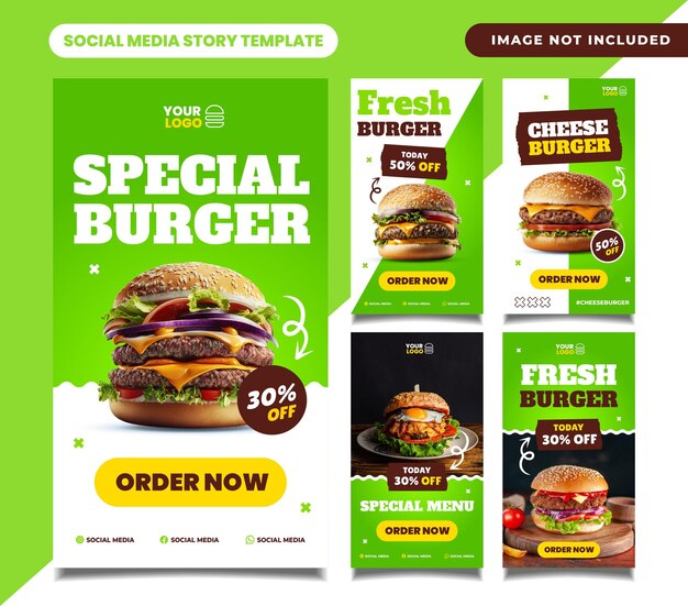 Publicación en redes sociales de restaurante de comida de hamburguesas o colección de plantillas de historias para pancarta y póster de volante