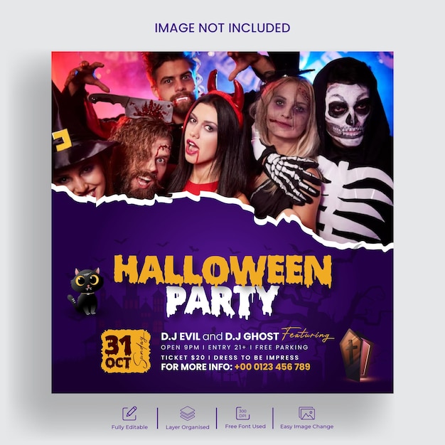 Las publicaciones de la fiesta de Halloween, el banner, la publicación de Instagram y la plantilla de folleto cuadrado1