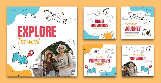 Vector publicaciones de instagram de agencia de viajes dibujadas a mano con avión