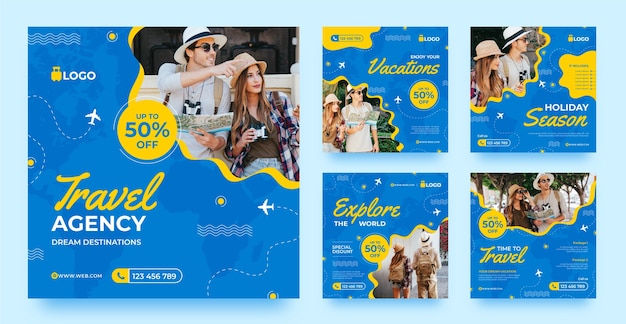 Vector publicaciones de instagram de agencia de viajes dinámica de diseño plano