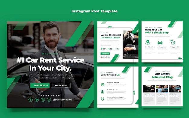 Publicaciones de instagram de alquiler de coches de diseño plano