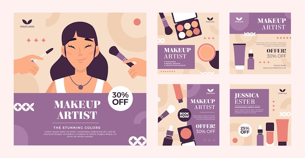 Vector publicaciones de instagram de artista de maquillaje mínimo de diseño plano