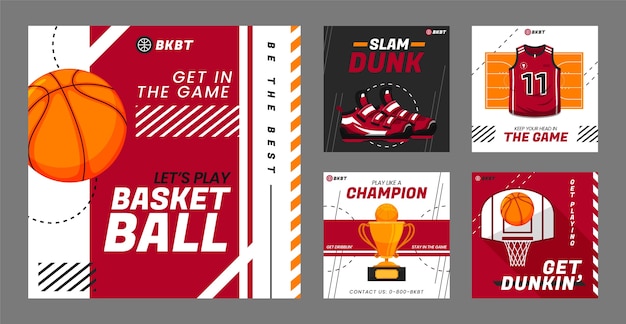 Publicaciones de instagram de baloncesto de diseño plano dibujado a mano