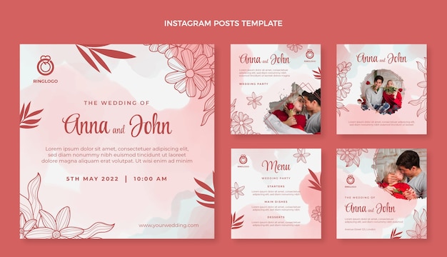 Vector publicaciones de instagram de boda dibujadas a mano en acuarela