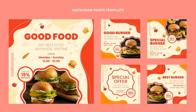 Publicaciones de instagram de buena comida de diseño plano