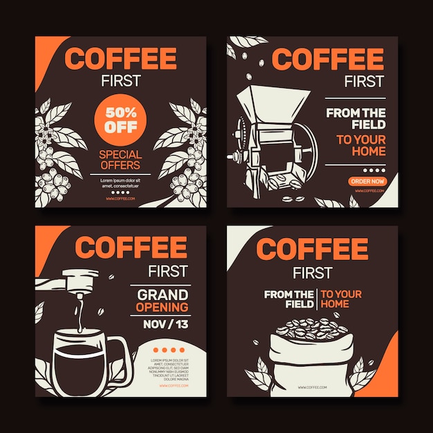 Vector publicaciones de instagram de cafetería