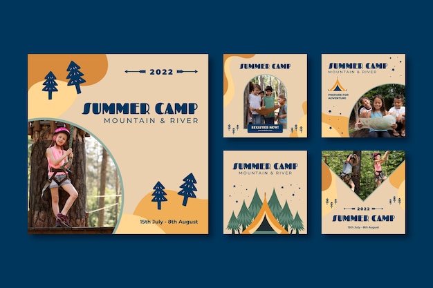 Vector publicaciones de instagram de campamento de verano dibujadas a mano