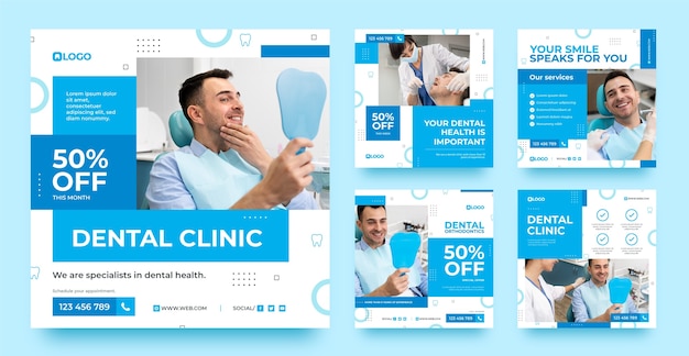 Vector publicaciones de instagram de clínica dental de diseño plano