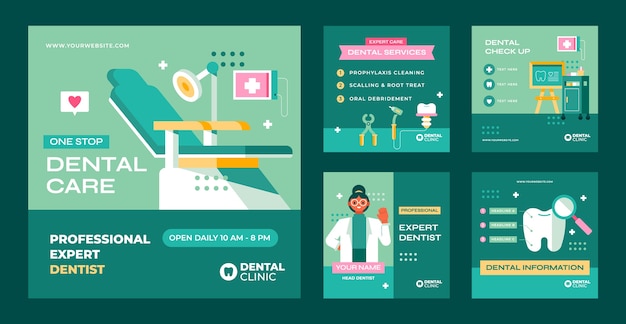 Vector publicaciones de instagram de clínica dental de diseño plano