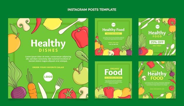 Vector publicaciones de instagram de comida dibujadas a mano