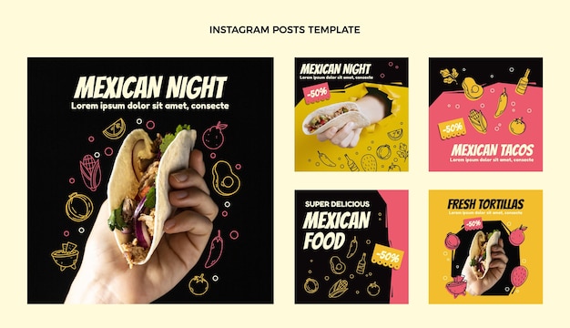 Vector publicaciones de instagram de comida mexicana de diseño plano