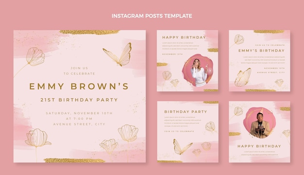 Vector publicaciones de instagram de cumpleaños dibujadas a mano en acuarela