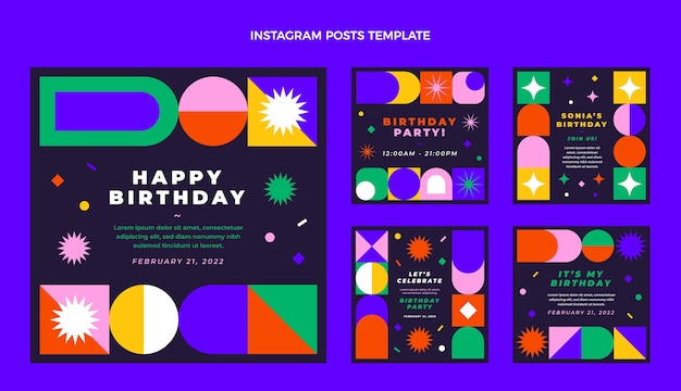 Vector publicaciones de instagram de cumpleaños de mosaico de diseño plano