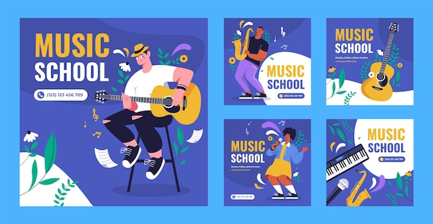 Vector publicaciones de instagram de la escuela de música dibujadas a mano