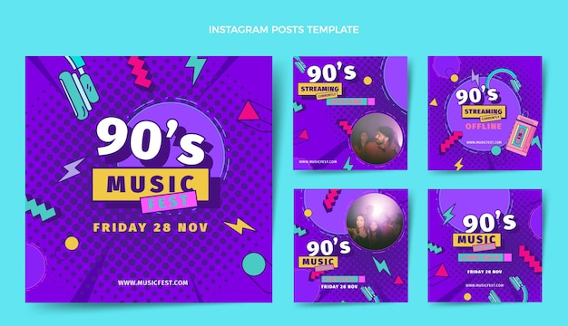 Publicaciones de instagram del festival de música de los 90 de diseño plano