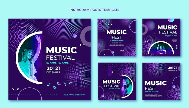 Vector publicaciones de instagram del festival de música de semitono degradado