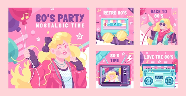 Vector publicaciones de instagram de fiesta de los 80 de diseño plano