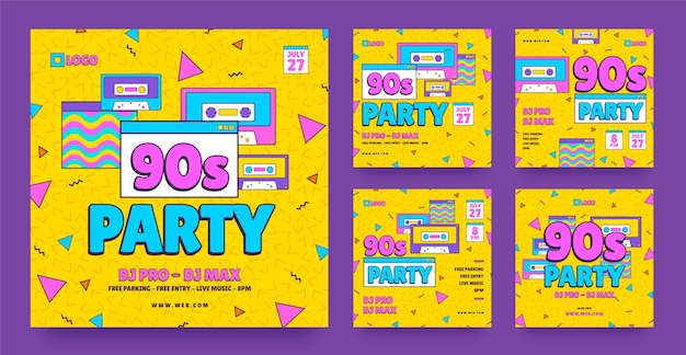 Vector publicaciones de instagram de fiesta de los 90 de diseño plano