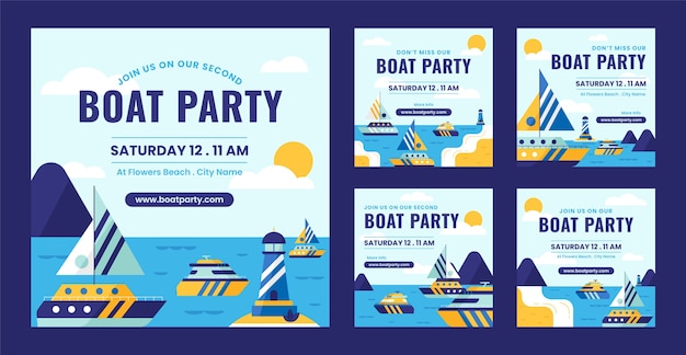 Publicaciones de instagram de fiesta en barco de diseño plano