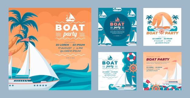 Publicaciones de instagram de fiesta en barco de diseño plano