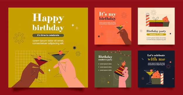 Vector publicaciones de instagram de fiesta de cumpleaños dibujadas a mano