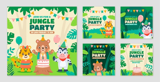 Vector publicaciones de instagram de la fiesta de cumpleaños de la selva dibujadas a mano