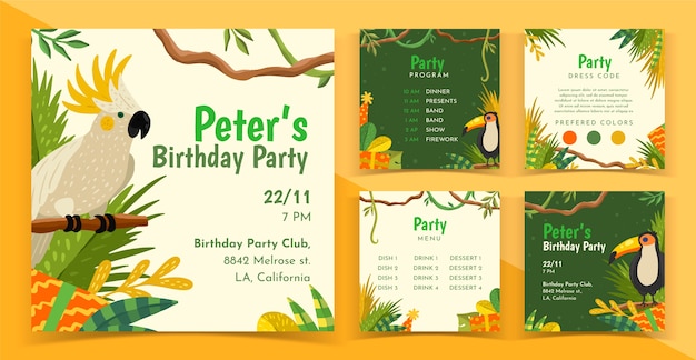 Publicaciones de instagram de la fiesta de cumpleaños de la selva dibujadas a mano