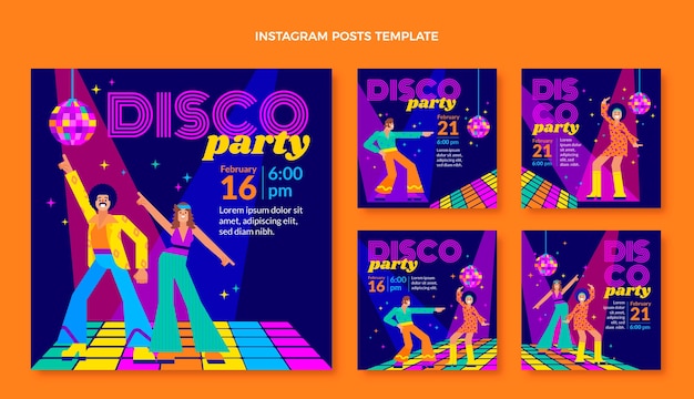 Publicaciones de instagram de fiesta disco retro de diseño plano