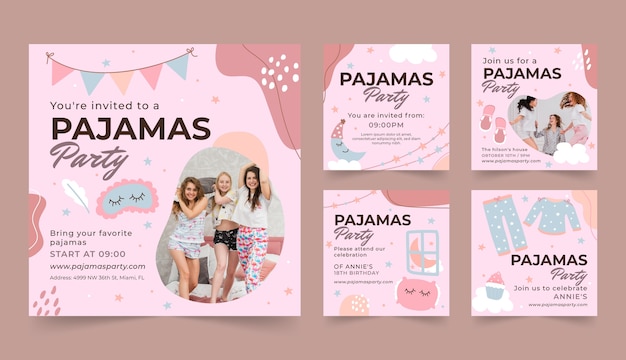 Vector publicaciones de instagram de fiesta de pijamas de diseño plano