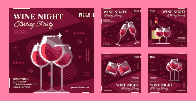 Vector publicaciones de instagram de fiesta de vino de diseño plano