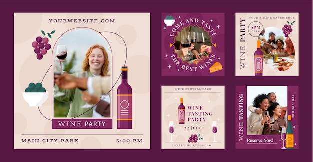 Publicaciones de instagram de fiesta de vino de diseño plano