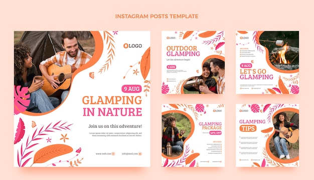 Vector publicaciones de instagram glamping de diseño plano