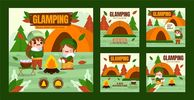 Publicaciones de instagram glamping de diseño plano