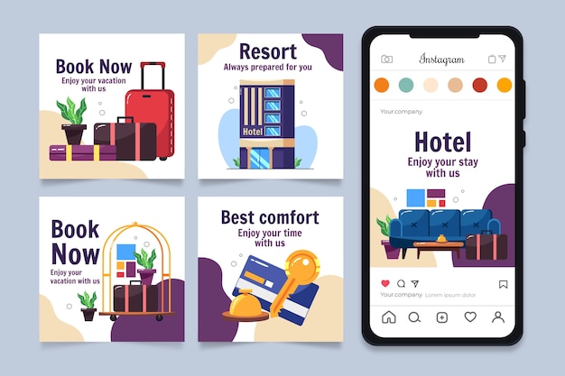 Vector publicaciones de instagram de hotel resort dibujadas a mano