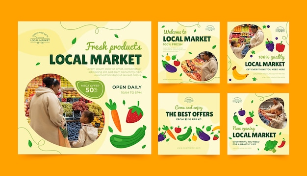 Publicaciones de instagram del mercado local dibujadas a mano