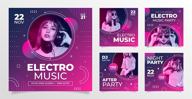 Vector publicaciones de instagram de música electrónica degradada