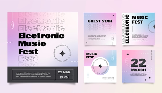 Vector publicaciones de instagram de música electrónica degradada