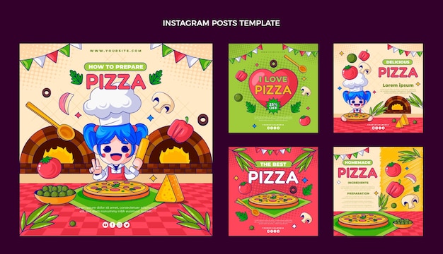 Vector publicaciones de instagram de pizza deliciosa dibujadas a mano